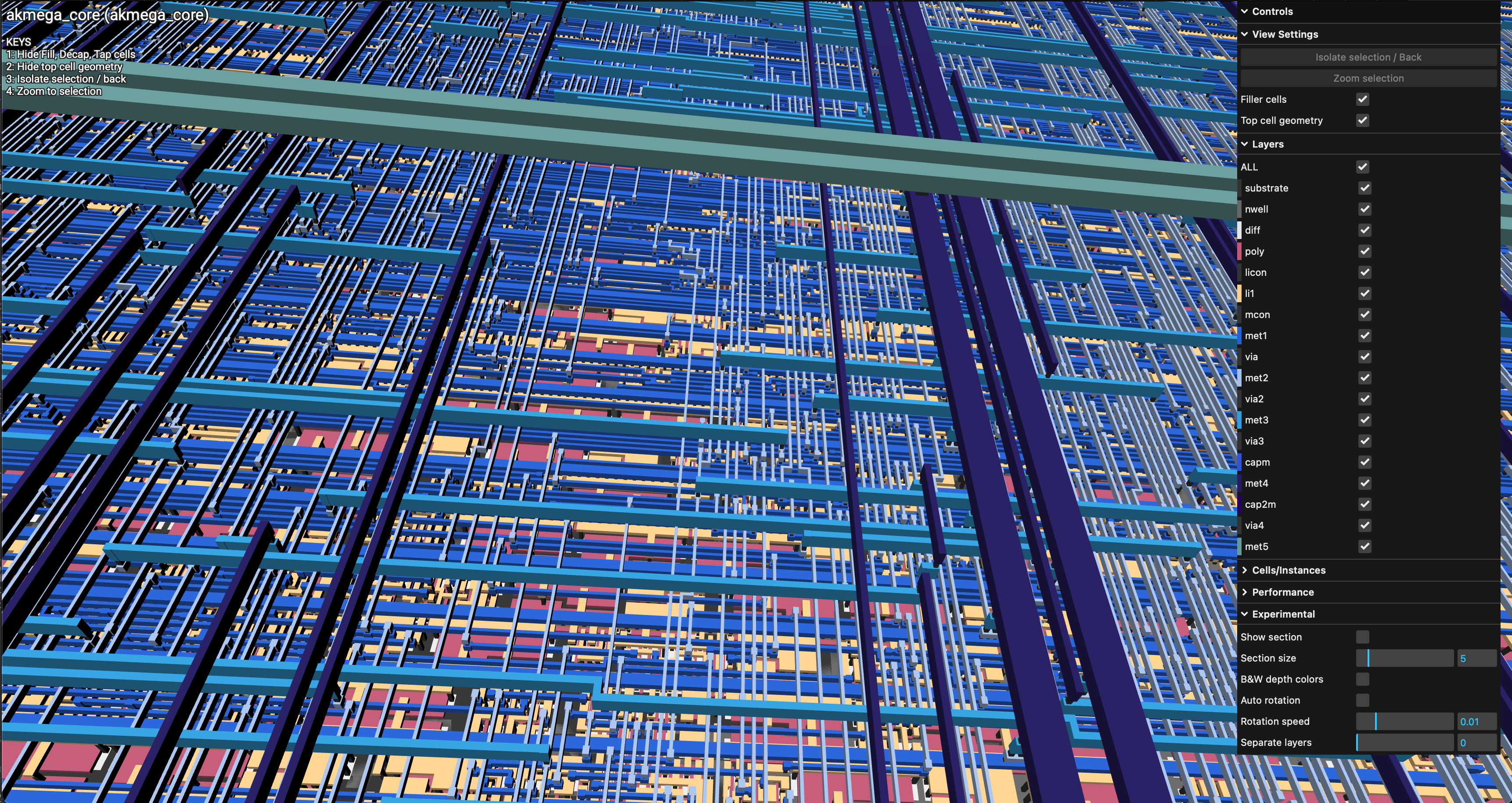 Akmega GDSII layout viewed in KLayout - routed Skywater 130nm die